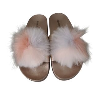 steve madden slide sandals fuzzy poof womens size 6
